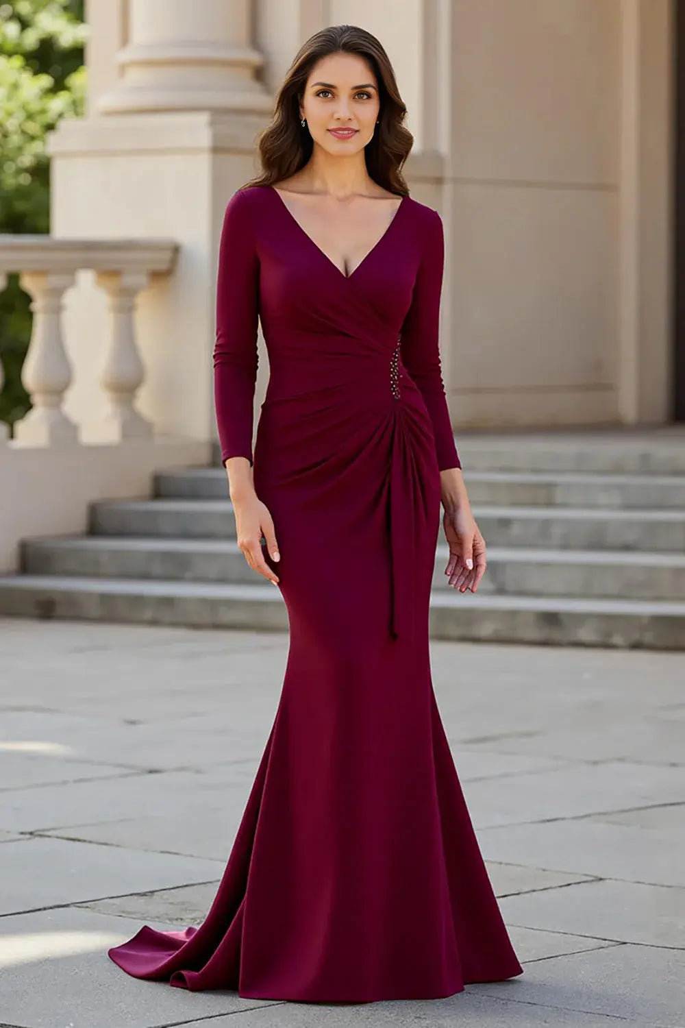 Wedding Guest Dress Burgundy Satin Charming Mermaid V-Neck Long Sleeves Pleated Beadwork Elegant Hot Sale Long Mother of the Bride Dress