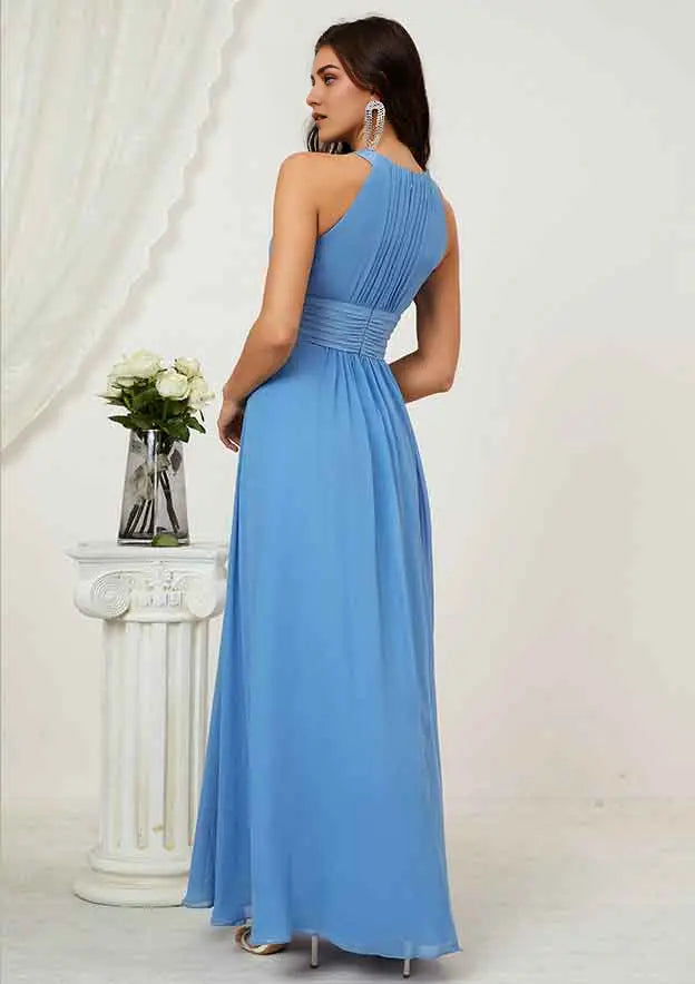 Simple Blue Chiffon A-line Halter Pleated-Waist Sleeveless Ruched Affordable Floor-Length Bridesmaid Dress