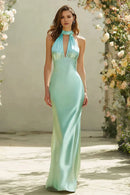 Chic Prom Dress Dusty Sage Mermaid Halter Sleeveless With Keyhole Backless Bargain Long Wedding Guest Dress