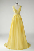 Yellow Elegant Party Dress A Line Deep V-Neck Sleeveless Lace Applique Waist Backless Fashion Long Hot Sale Prom Dresses
