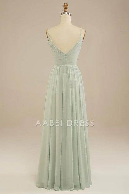 AABEI DRESS Hot Sale Prom Dress Elegant A-Line V Neck Spaghetti Strap Pleated Floor Length Chiffon Simple Formal Dress