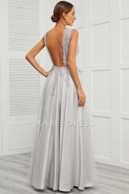 AABEI DRESS Hot Sale Prom Dress Exquisite A Line Deep V Neck Sleeveless Backless Retro Appliques Long Party Dress