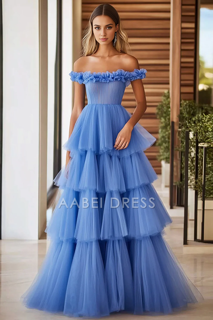 AABEI DRESS Hot Sale Prom Dress A Line Off The Shoulder Exquisite Pleated Tiered Long Formal Dress