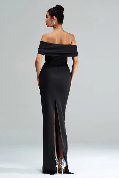 Elegant Black Mermaid Off the Shoulder Strapless Satin with Slit Long Formal Dress Hot Sale Evening Dresses
