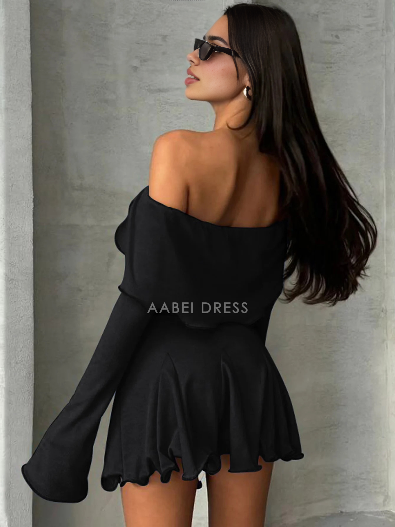 AABEI DRESS New Homecoming Dress Off Shoulder Long Bell Sleeves Ruffles Mini Dress Sexy Elegant Party Dress