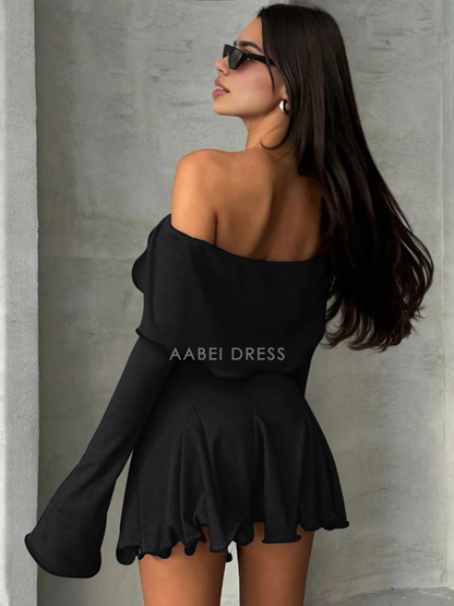 AABEI DRESS New Homecoming Dress Off Shoulder Long Bell Sleeves Ruffles Mini Dress Sexy Elegant Party Dress