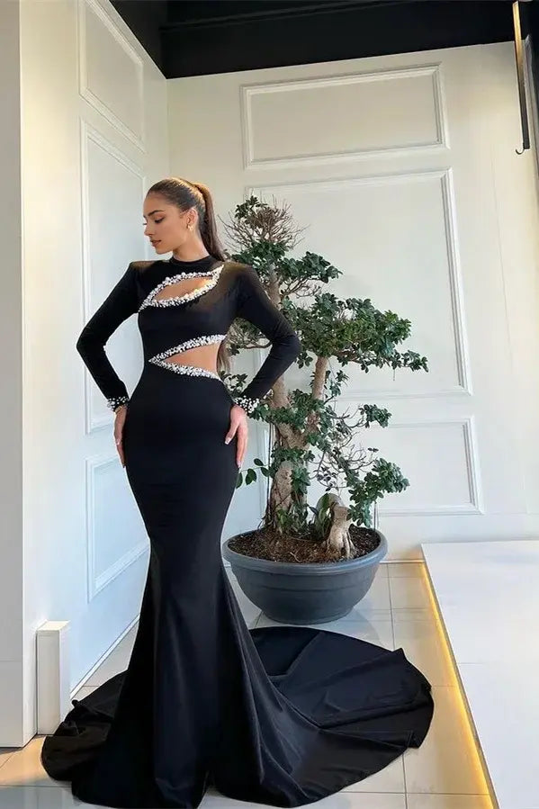 Amazing Black Mermaid Formal Women's Dresses High Neck Long Sleeves Cutout With Beadings Long Affordable Prom Dress