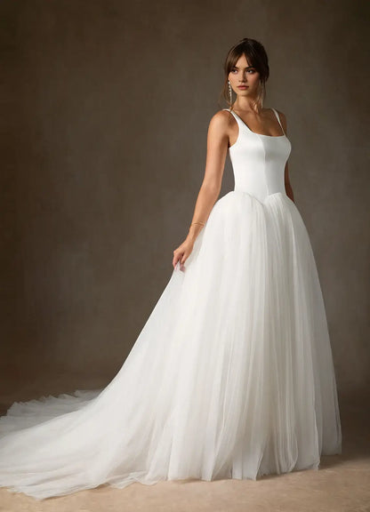 Elegant White A-Line Square Neck Sleeveless Satin Tulle Splicing Backless Hot Sale Wedding Dress