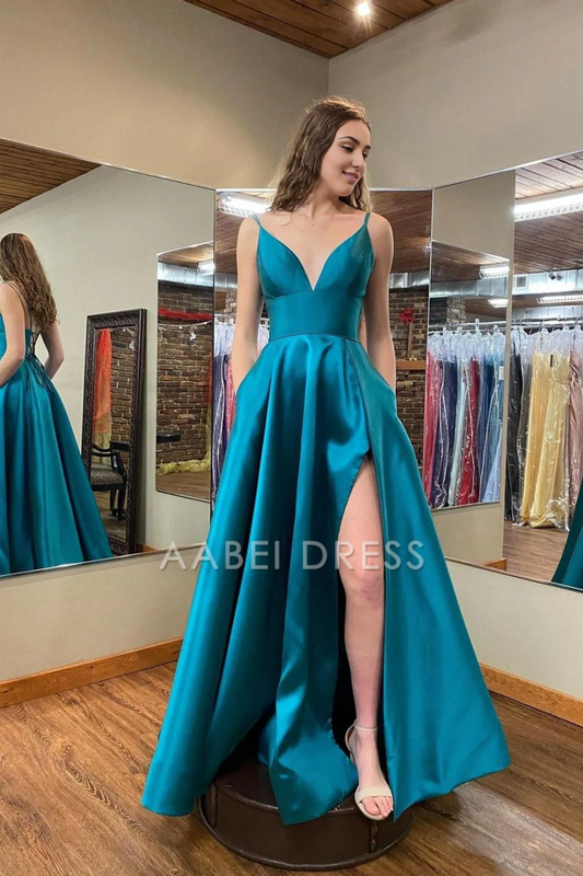 AABEI DRESS Hot Sale Prom Dress Classic A Line V Neck Spaghetti Strap Side Fork Long Elegant Formal Dress