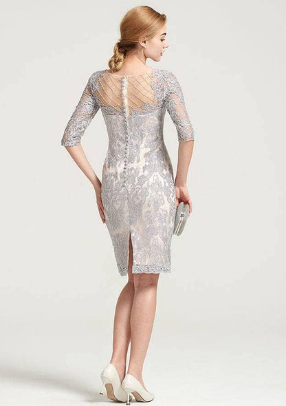 Exquisite Wedding Guest Dresses Silver Chiffon Sheath/Column Boat Neck Half Sleeve Lace Applique Beading With Jacket Two-Piece Knee-Length Bargain Mother of the Bride Dress