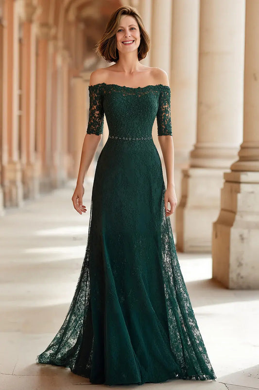 Elegant Dark Green Lace A-Line Off the Shoulder Half Sleeve Beadwork Retro Long Wedding Guest Dress For Women New Style Mother of the Bride Dress