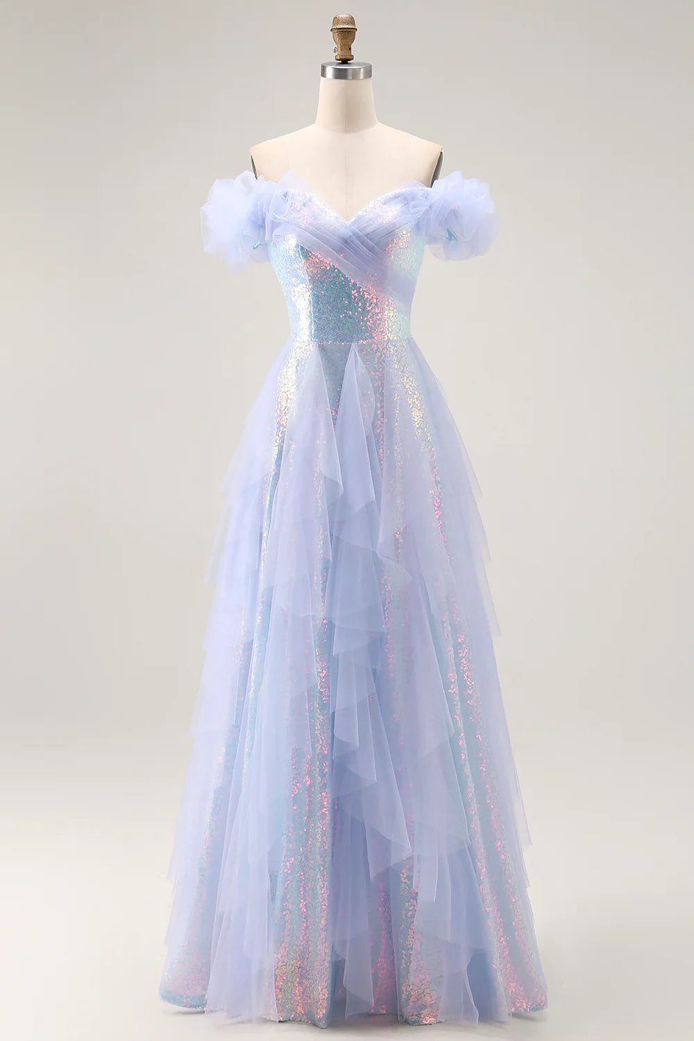 Wonderful Prom Dress Sparkly Light Blue Sequin A Line Off the Shoulder Sweetheart Neckline Sleeveless with Tiers Ruffles Bargain Long Wedding Guest Dress