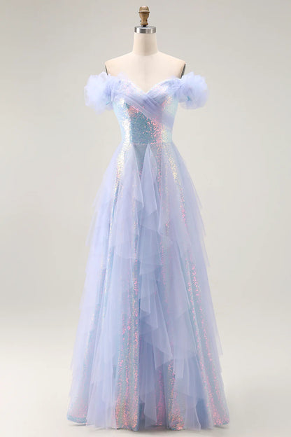 Wonderful Prom Dress Sparkly Light Blue Sequin A Line Off the Shoulder Sweetheart Neckline Sleeveless with Tiers Ruffles Bargain Long Wedding Guest Dress