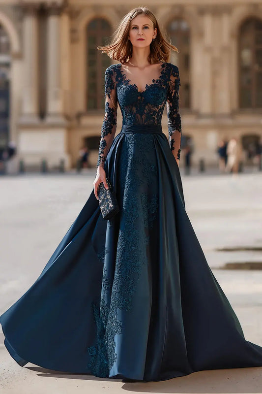 Gorgeous Navy A-Line V-Neck Backless Long Sleeves with Lace Exquisite Long Wedding Guest Dress For Women New Style Mother of the Bride Dress