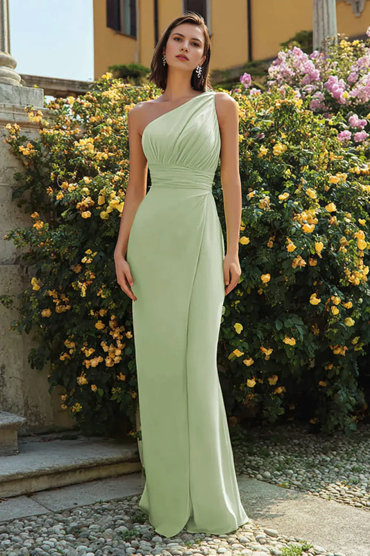 Elegant Prom Dress Dusty Sage Mermaid One Shoulder Sleeveless Pleated Bargain Long Wedding Guest Dress