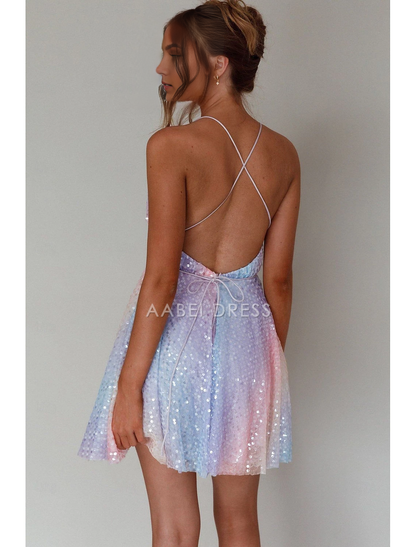 AABEI DRESS New Homecoming Dress A Line Deep V Neck Backless Cocktail Dresses Carnival Sleeveless Sequined with Pleats Sparkle Short Prom Dresse