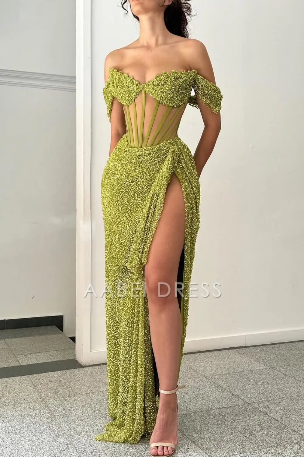 AABEI DRESS Hot Sale Prom Dress Sparkly Mermaid Off The Shoulder Long with High Slit Charming Formal Dress