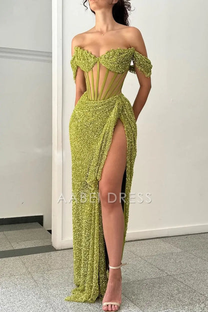 AABEI DRESS Hot Sale Prom Dress Sparkly Mermaid Off The Shoulder Long with High Slit Charming Formal Dress