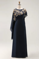 Wedding Guest Dress Sparkly Navy Chiffon Sheath Boat Collar with Cape Ruched Exquisite Long Hot Sale Mother of the Bride Dress