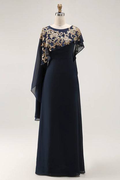 Wedding Guest Dress Sparkly Navy Chiffon Sheath Boat Collar with Cape Ruched Exquisite Long Hot Sale Mother of the Bride Dress