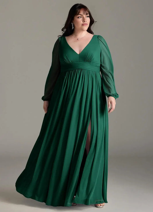 Wedding Guests Dresses Emerald A-Line V-Neck Long Sleeve Ruffles Side Fork Backless Vintage Plus Size Formal Dress Discount Hot Sale Prom Dress