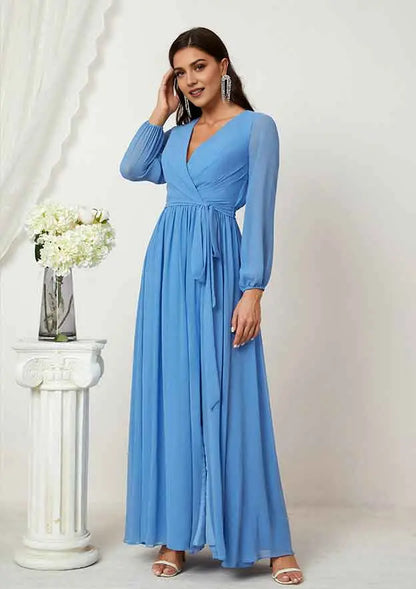 Elegant Blue Chiffon A-line V Neck Long Sleeve Ruched Side Fork Affordable Floor-Length Bridesmaid Dress