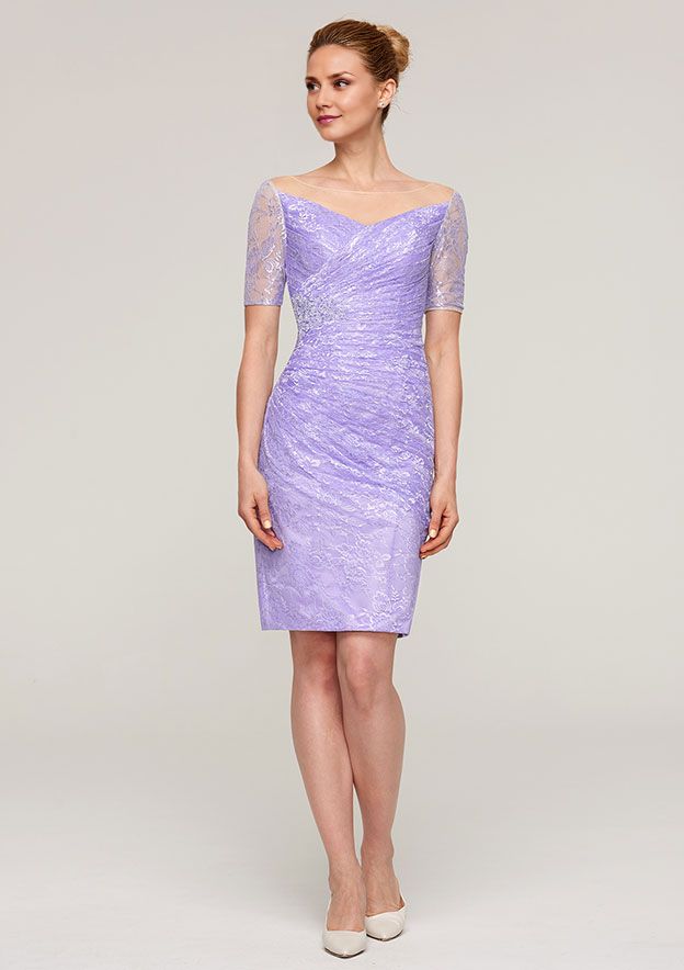Classic Wedding Guest Dresses Sheath/Column Boat Neck Short Sleeve Lace With Jacket Two-Piece Knee-Length Bargain Mother of the Bride Dress