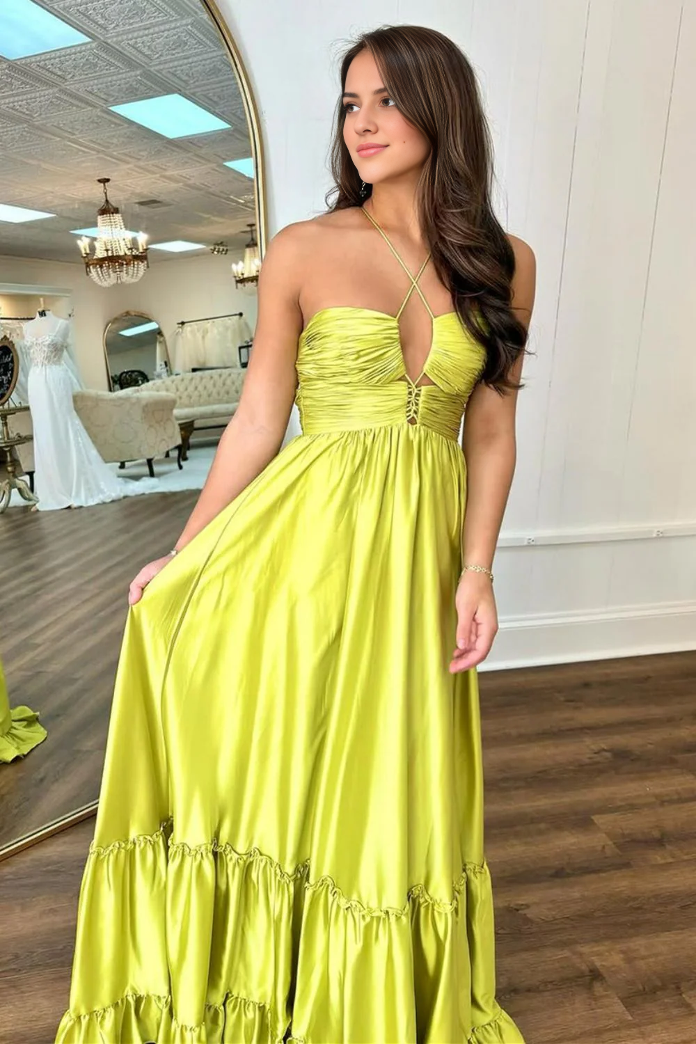 AABEI DRESS Hot Sale Prom Dress Chic A-Line Spaghetti Straps Backless Lace Up Long Satin Elegant Formal Dress