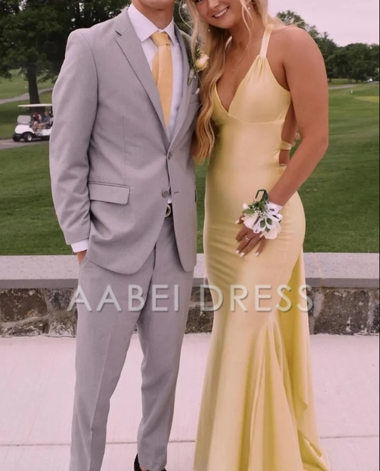 AABEI DRESS Prom Dress Sexy Mermaid V Neck Satin with Cross Back Formal Dress