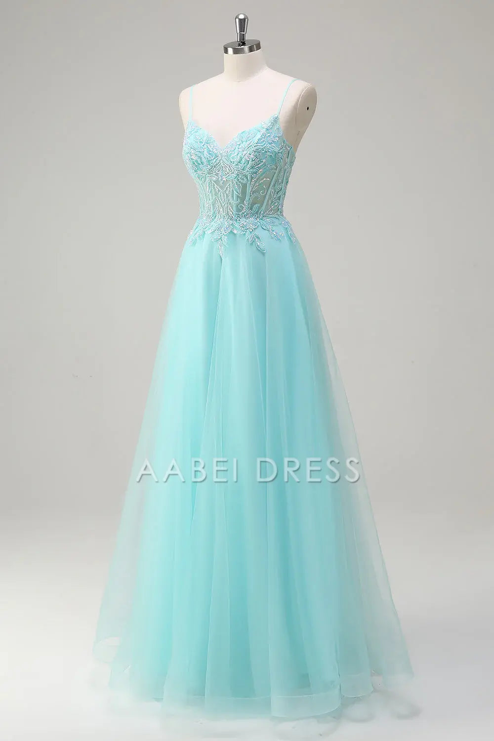AABEI DRESS Hot Sale Prom Dress Exquisite A-Line V Neck Spaghetti Straps Appliques Backless Long Party Dress