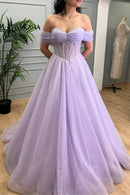 Lavender Tulle Gorgeous A-Line Off Shoulder Sweetheart Neckline Beaded Romantic Wedding Guest Dress Long Hot Sale Prom Dresses