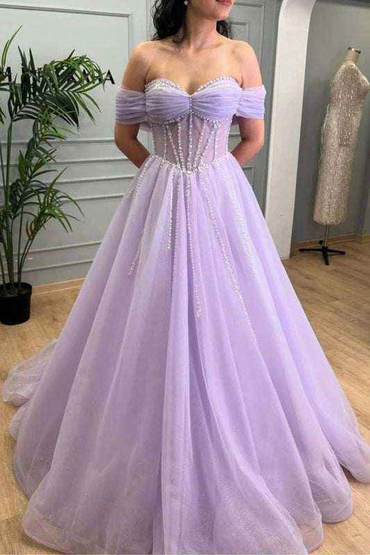 Lavender Tulle Gorgeous A-Line Off Shoulder Sweetheart Neckline Beaded Romantic Wedding Guest Dress Long Hot Sale Prom Dresses
