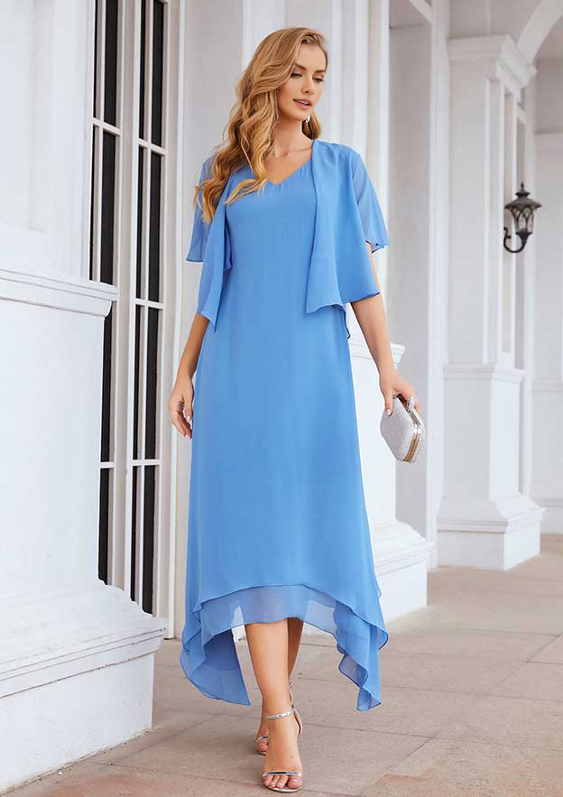Elegant Simple Wedding Guest Dresses Blue Chiffon A-line V Neck Sleeveless Asymmetrical With Short Sleeve Jacket Two-Piece Long Bargain Mother of the Bride Dress