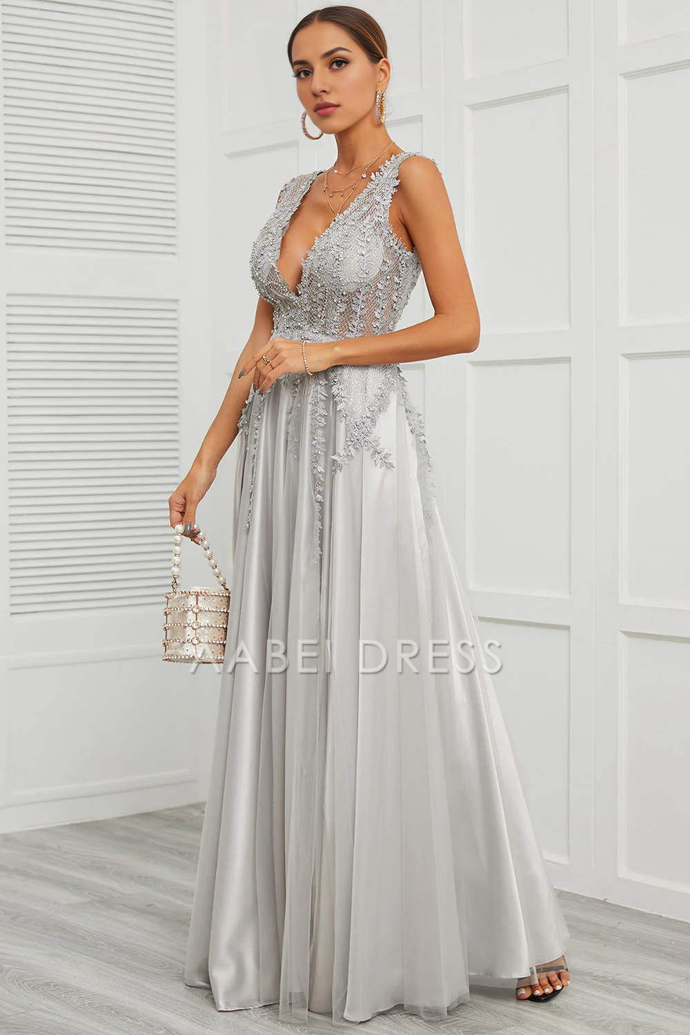 AABEI DRESS Hot Sale Prom Dress Exquisite A Line Deep V Neck Sleeveless Backless Retro Appliques Long Party Dress