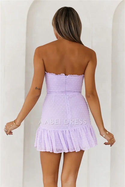 Light Purple Sheath French Romantic Polka Dot Strapless Pleated Dress Summer Temperament, Slimming Ruched Short/Mini Dress Hot Sale Homecoming Dress
