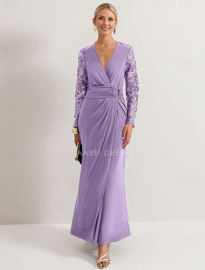 AABEI DRESS Wedding Guest Dress Elegant Sheath V Neck Ankle Length Long Sleeve with Lace Pleats Mother of the Bride Dress