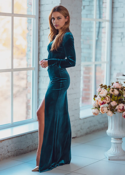 Evening Dress Velvet Dress V Neck Bodycon Dress Long sleeves Pleated Side Fork Long dress Formal Dresses Wedding Guest Dress