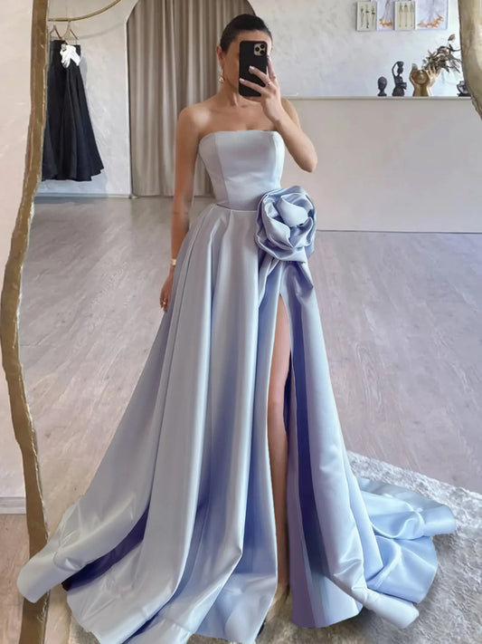 Evening Dress Strapless Satin High Split Sweep Train Exquisite High Quality Formal Women's Dresses