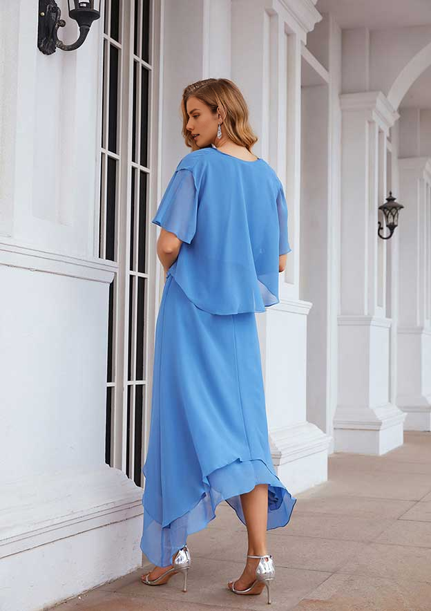 Elegant Simple Wedding Guest Dresses Blue Chiffon A-line V Neck Sleeveless Asymmetrical With Short Sleeve Jacket Two-Piece Long Bargain Mother of the Bride Dress