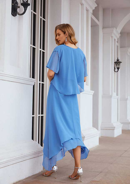 Elegant Simple Wedding Guest Dresses Blue Chiffon A-line V Neck Sleeveless Asymmetrical With Short Sleeve Jacket Two-Piece Long Bargain Mother of the Bride Dress