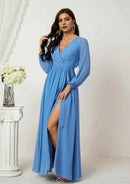 Elegant Blue Chiffon A-line V Neck Long Sleeve Ruched Side Fork Affordable Floor-Length Bridesmaid Dress