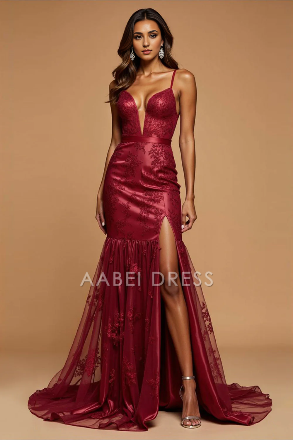 AABEI DRESS Hot Sale Prom Dress Charming Mermaid Spaghetti Straps Backless Appliques Side Fork Fashion Long Formal Dress