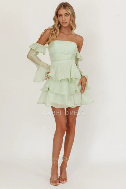A Line Off-Shoulder Long Sleeves Layered Ruched Sage Exquisite Mini Dress Hot Sale Homecoming Dress