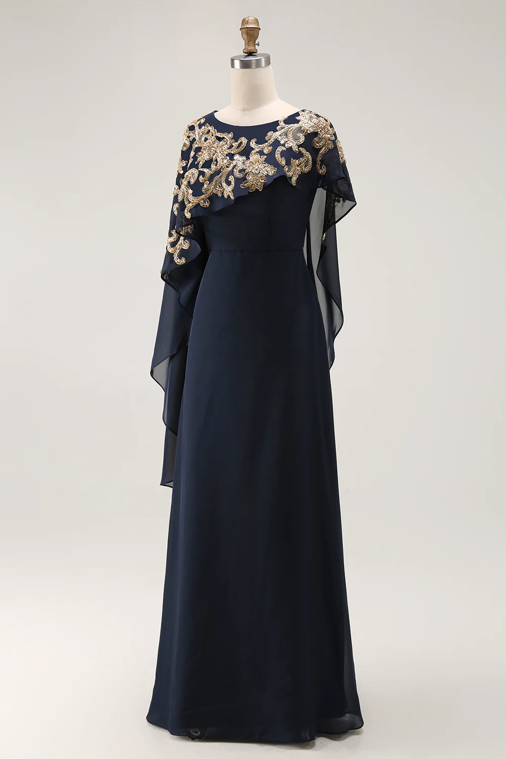 Wedding Guest Dress Sparkly Navy Chiffon Sheath Boat Collar with Cape Ruched Exquisite Long Hot Sale Mother of the Bride Dress