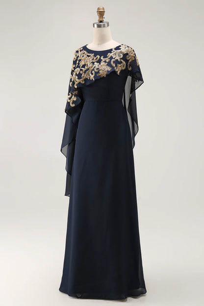 Wedding Guest Dress Sparkly Navy Chiffon Sheath Boat Collar with Cape Ruched Exquisite Long Hot Sale Mother of the Bride Dress