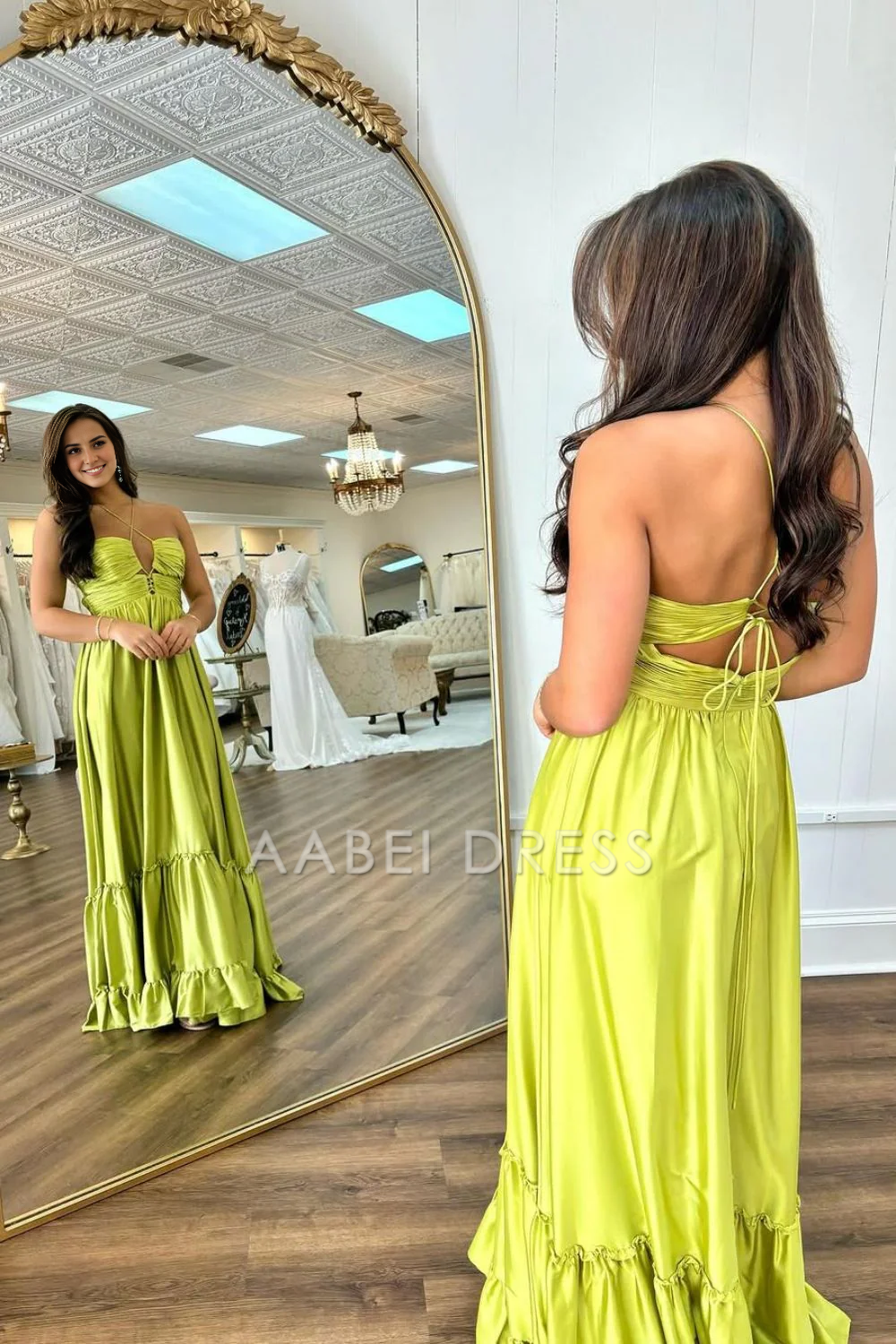 AABEI DRESS Hot Sale Prom Dress Chic A-Line Spaghetti Straps Backless Lace Up Long Satin Elegant Formal Dress