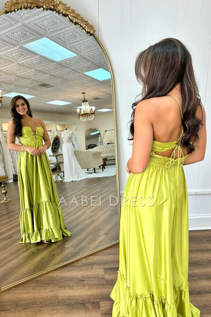 AABEI DRESS Hot Sale Prom Dress Chic A-Line Spaghetti Straps Backless Lace Up Long Satin Elegant Formal Dress