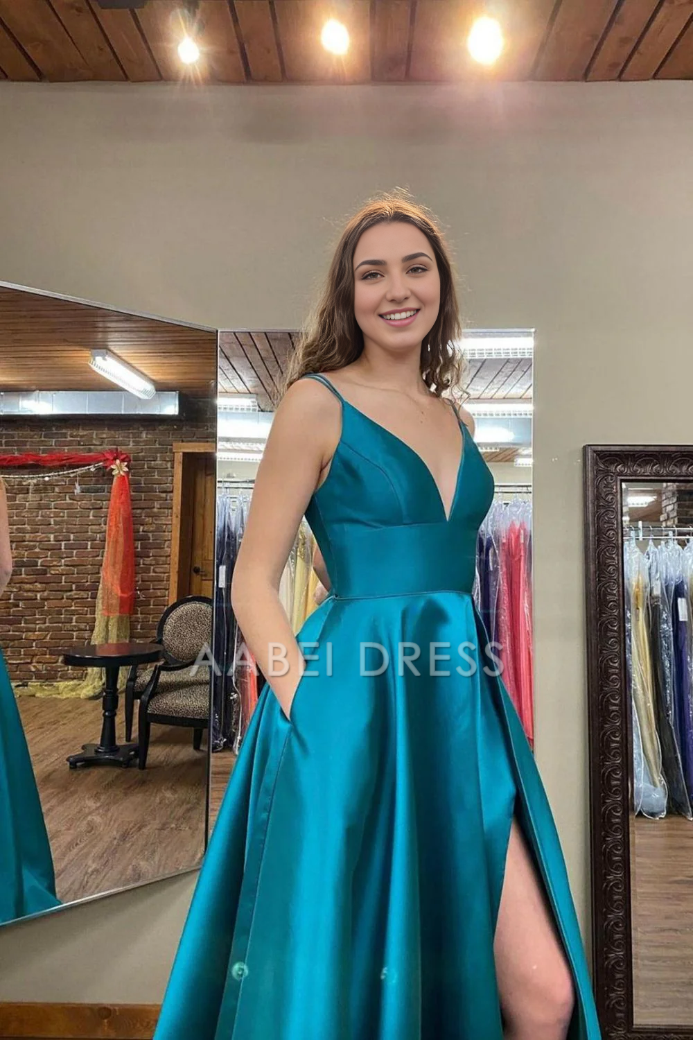 AABEI DRESS Hot Sale Prom Dress Classic A Line V Neck Spaghetti Strap Side Fork Long Elegant Formal Dress