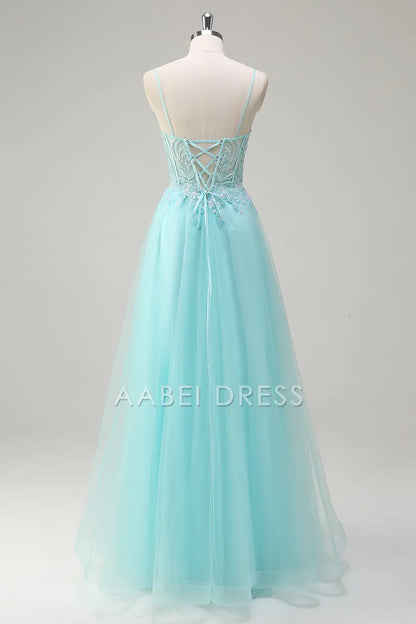 AABEI DRESS Hot Sale Prom Dress Exquisite A-Line V Neck Spaghetti Straps Appliques Backless Long Party Dress