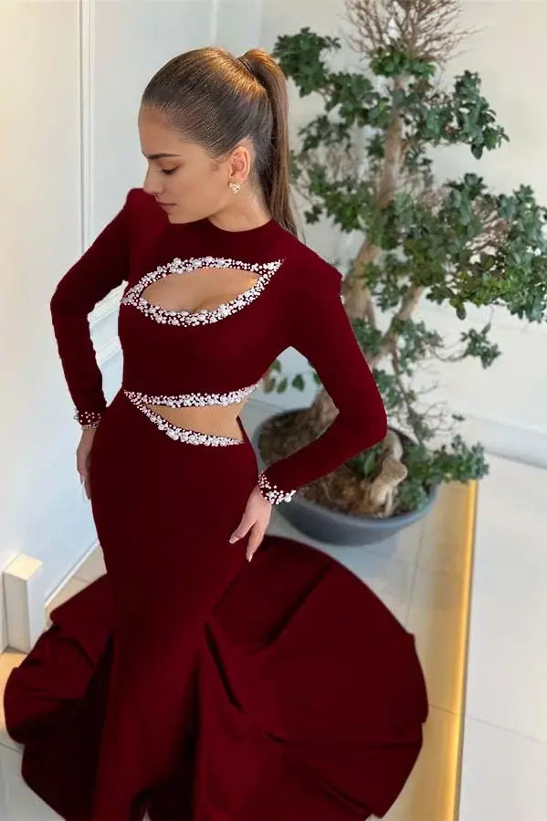 Amazing Black Mermaid Formal Women's Dresses High Neck Long Sleeves Cutout With Beadings Long Affordable Prom Dress